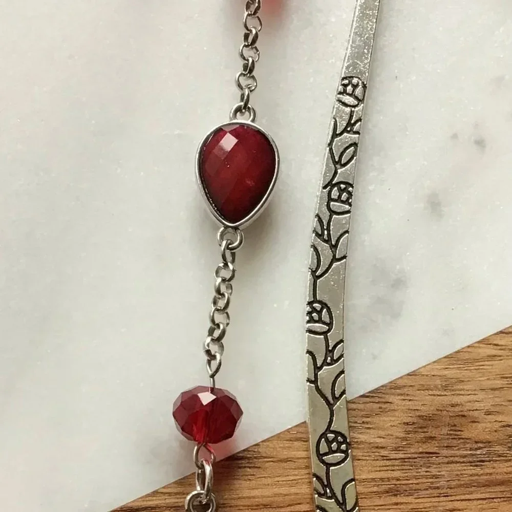 Tibetan Metal Bookmark Rose Engraved Red Garnet Rose‎ Charm